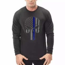 Bewild Police Thin Blue Line Skull American Flag - Support Police Department Thermal Shirt Say It Loud