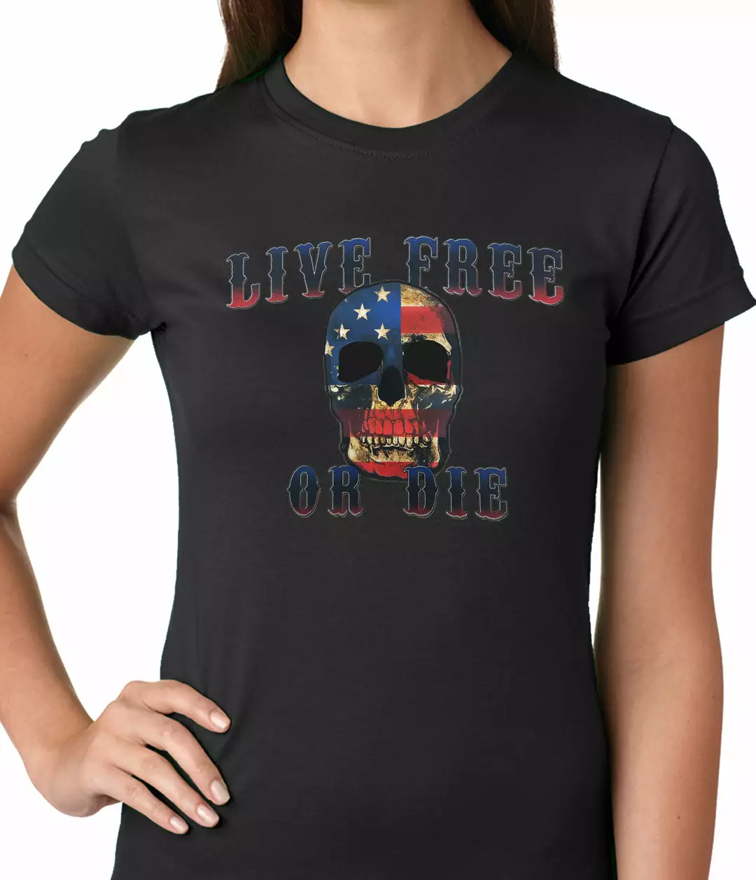 Bewild Biker Style American Flag Skull - Live Free Or Die Ladies T-shirt 3 Bewild Biker Style American Flag Skull - Live Free Or Die Ladies T-shirt