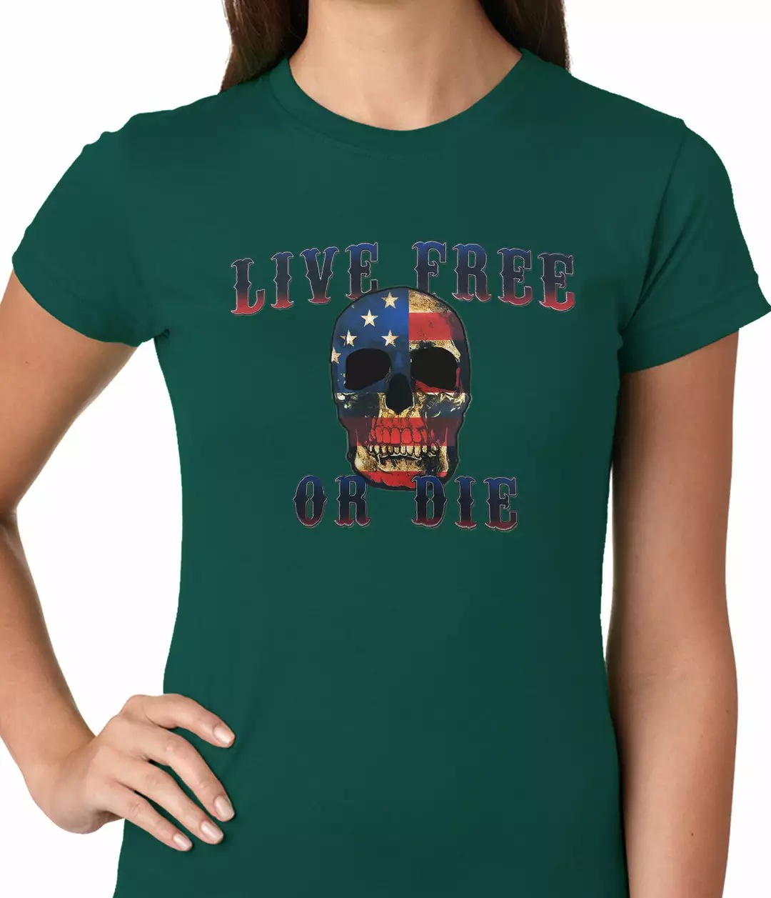 Bewild Biker Style American Flag Skull - Live Free Or Die Ladies T-shirt 4 Bewild Biker Style American Flag Skull - Live Free Or Die Ladies T-shirt