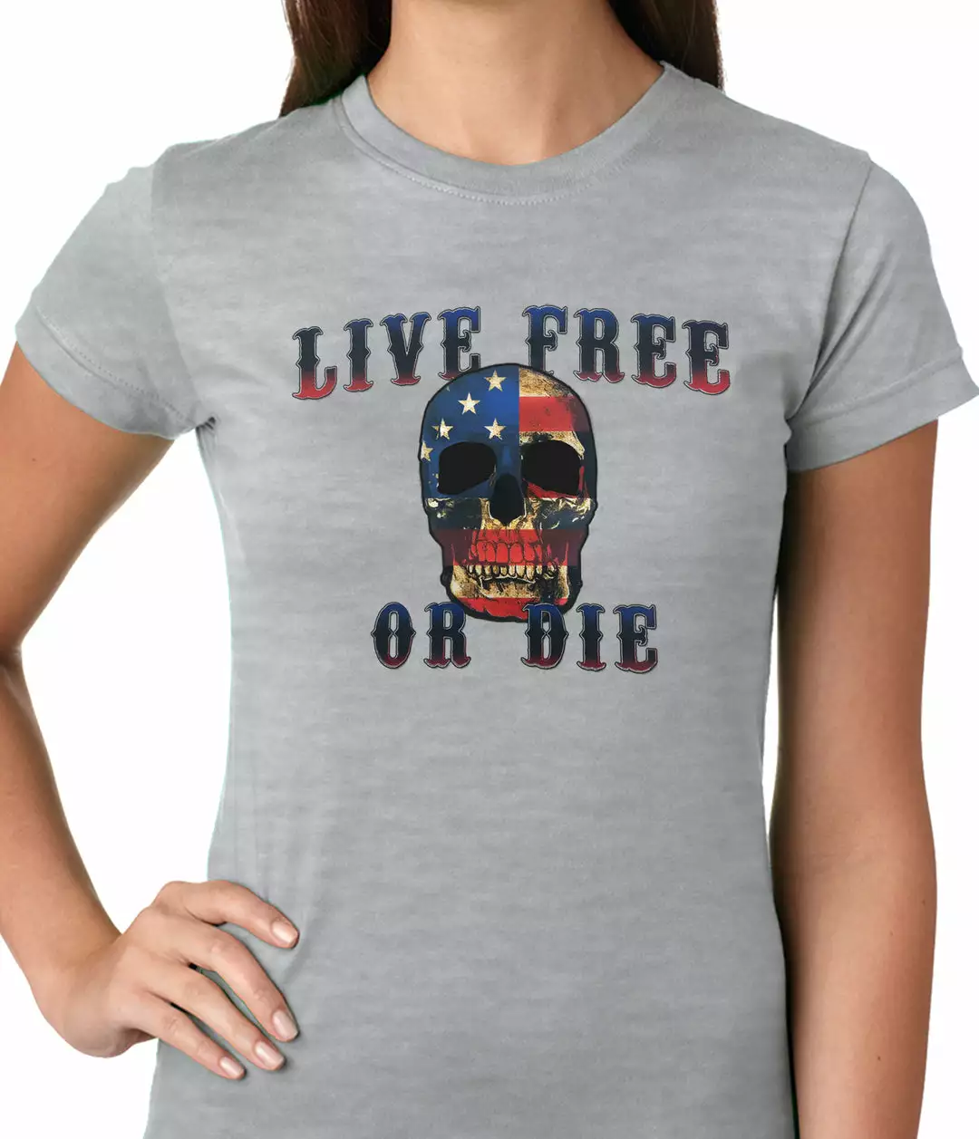 Bewild Biker Style American Flag Skull - Live Free Or Die Ladies T-shirt 5 Bewild Biker Style American Flag Skull - Live Free Or Die Ladies T-shirt