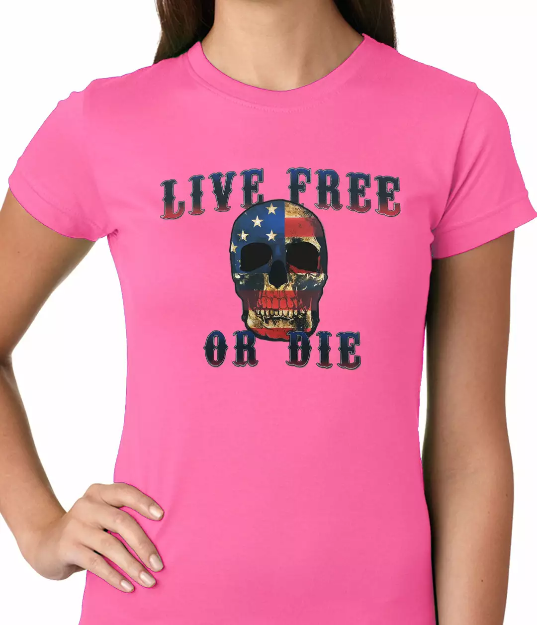 Bewild Biker Style American Flag Skull - Live Free Or Die Ladies T-shirt 6 Bewild Biker Style American Flag Skull - Live Free Or Die Ladies T-shirt