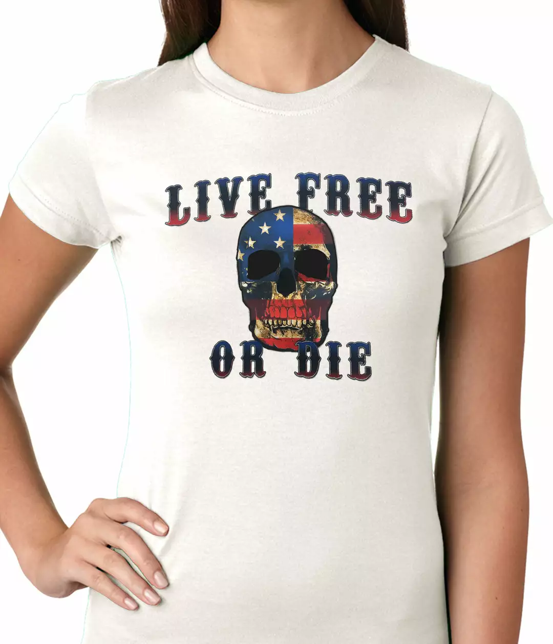 Bewild Biker Style American Flag Skull - Live Free Or Die Ladies T-shirt 12 Bewild Biker Style American Flag Skull - Live Free Or Die Ladies T-shirt