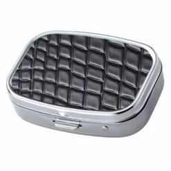 Bewild Pill Cases Black Croc Pattern With Mirror Iron Chrome Plated Rectangular 2 Compartment Pill Box