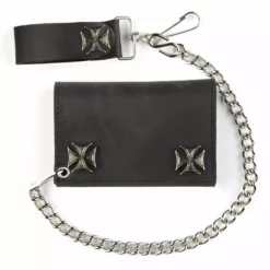 Bewild Wallets & Chains Black Leather Tri-Fold Wallet With Iron Cross Snaps And 12 Inch Chain