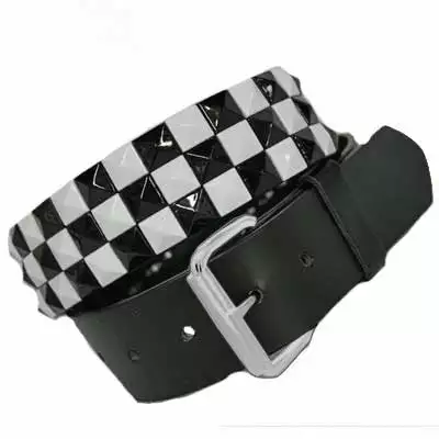 Bewild Black & White Checkerboard Pyramid Studded Leather Belt 5 Bewild Black & White Checkerboard Pyramid Studded Leather Belt