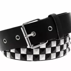 Bewild Black & White Checkerboard Pyramid Studded Leather Belt