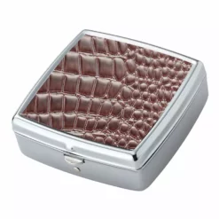 Bewild Brown Croc Pattern Iron Chrome Plated Square Shaped 2 Compartment Pill Box Pill Cases