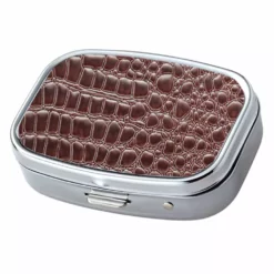 Bewild Pill Cases Brown Croc Pattern With Mirror Iron Chrome Plated Rectangular 2 Compartment Pill Box
