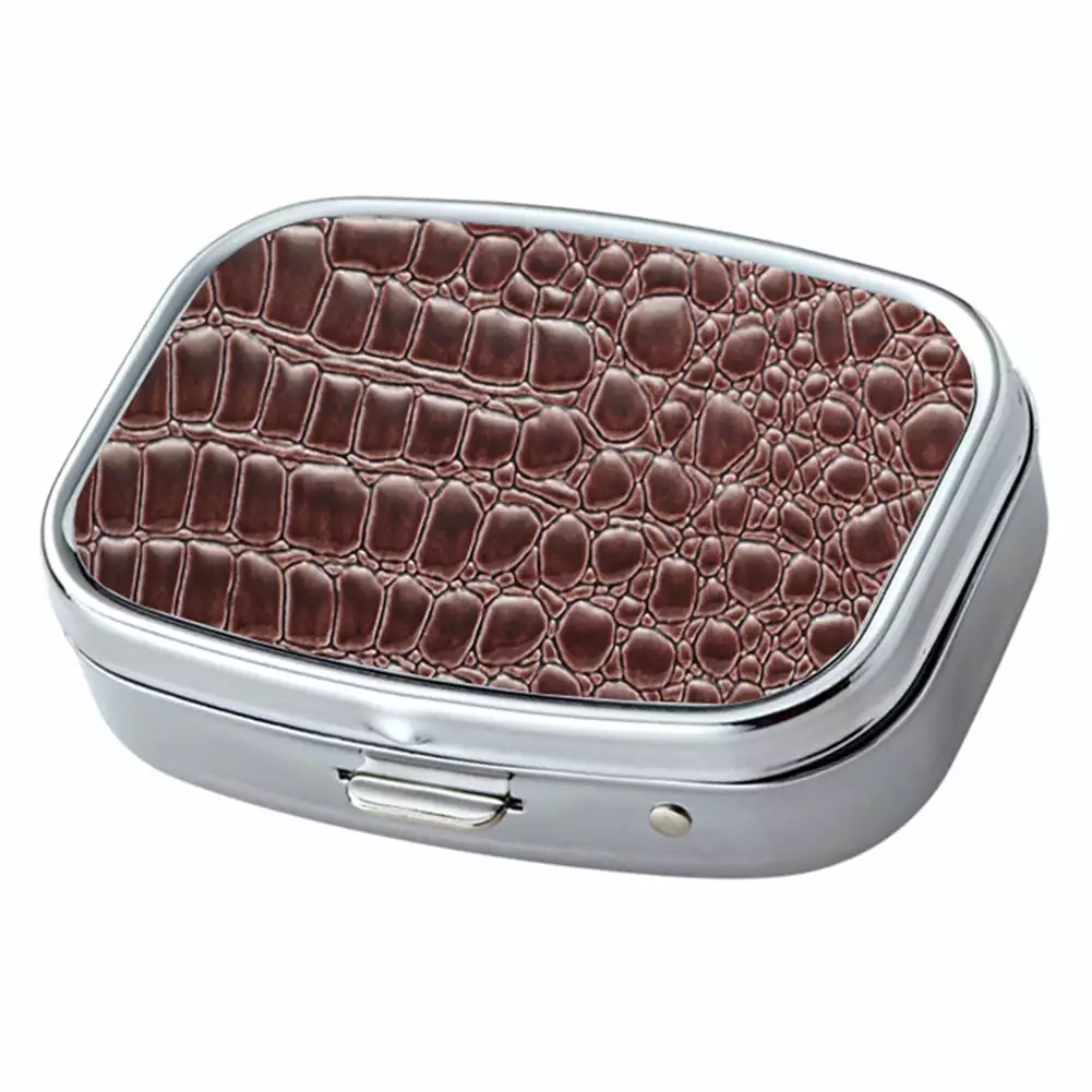 Bewild Pill Cases Brown Croc Pattern With Mirror Iron Chrome Plated Rectangular 2 Compartment Pill Box 4 Bewild Pill Cases Brown Croc Pattern With Mirror Iron Chrome Plated Rectangular 2 Compartment Pill Box