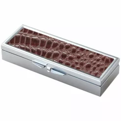 Bewild Brown Croc Pattern With Mirror Iron Chrome Plated Rectangular 3 Compartment Pill Box