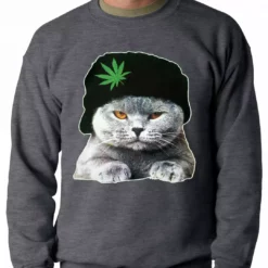 Bewild Cat Wearing Pot Leaf Hat Adult Crewneck