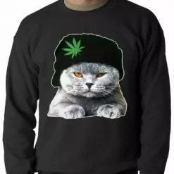 Bewild Cat Wearing Pot Leaf Hat Adult Crewneck