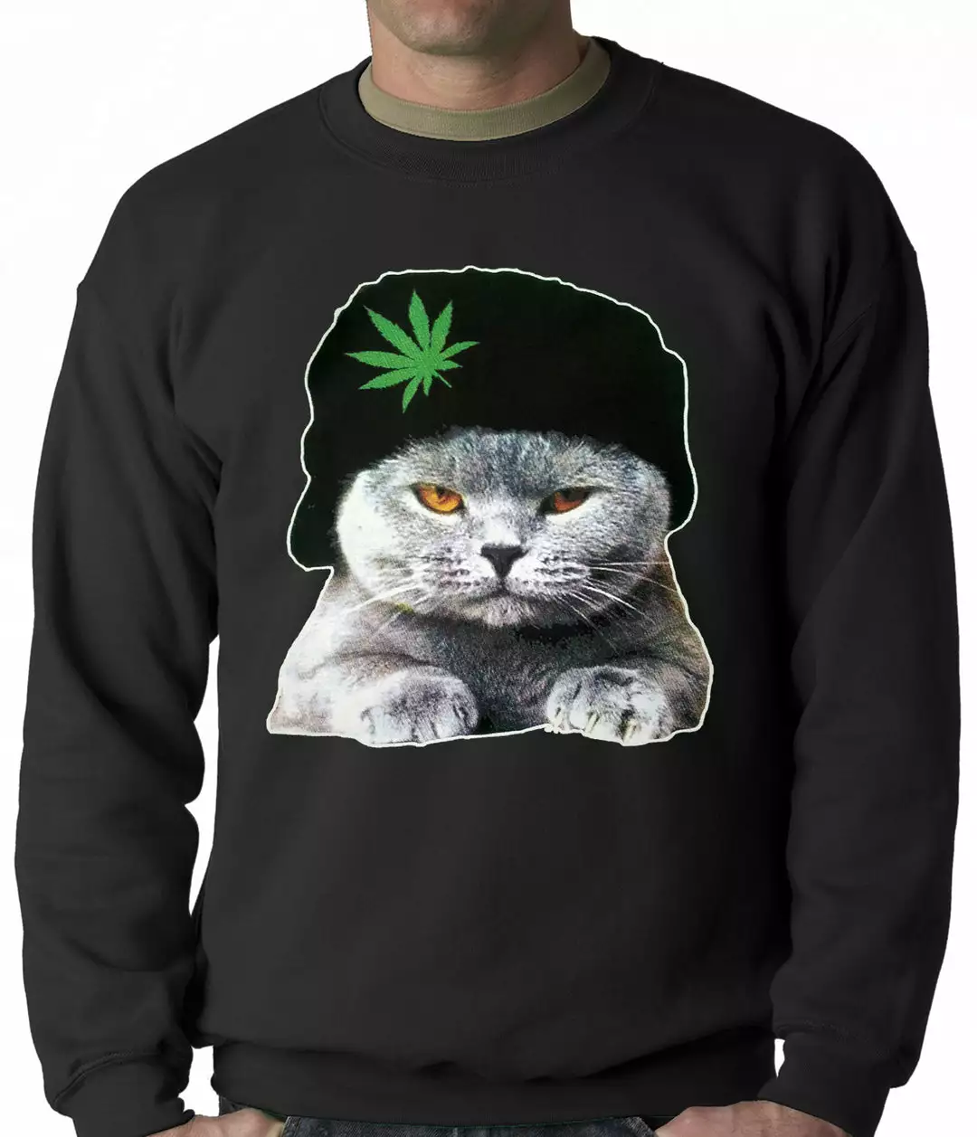 Bewild Cat Wearing Pot Leaf Hat Adult Crewneck 3 Bewild Cat Wearing Pot Leaf Hat Adult Crewneck