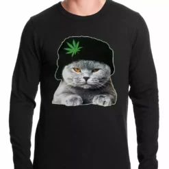 Bewild Cool Funny & Offensive Cat Wearing Pot Leaf Hat Thermal Shirt