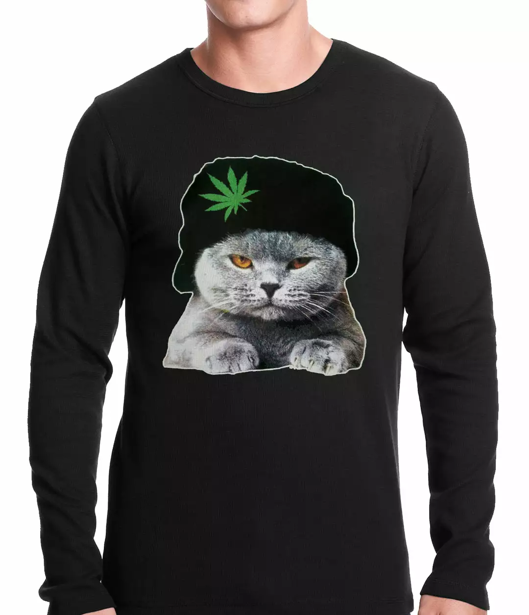 Bewild Cool Funny & Offensive Cat Wearing Pot Leaf Hat Thermal Shirt 3 Bewild Cool Funny & Offensive Cat Wearing Pot Leaf Hat Thermal Shirt