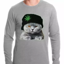 Bewild Cool Funny & Offensive Cat Wearing Pot Leaf Hat Thermal Shirt