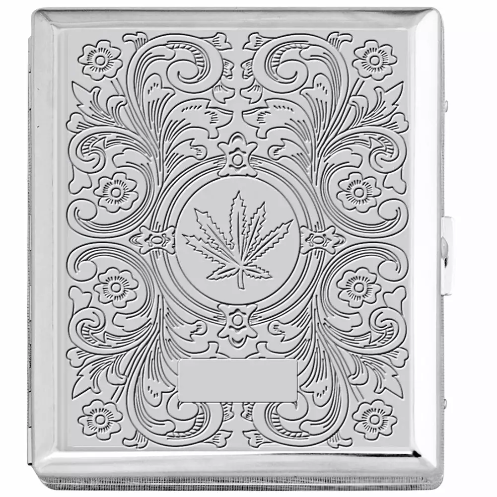 Bewild Chrome Cigarette Case With Pot Leaf Pattern For Regular Size Cigarettes 6 Bewild Chrome Cigarette Case With Pot Leaf Pattern For Regular Size Cigarettes