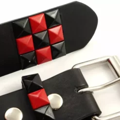 Bewild Genuine Leather Belt With Red & Black Pyramid Studs Belts