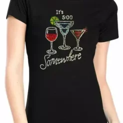 Bewild It's 5 O'clock Somewhere Rhinestone Girls T-Shirt (Black) Cool Funny & Offensive
