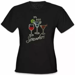 Bewild It's 5 O'clock Somewhere Rhinestone Girls T-Shirt (Black) Cool Funny & Offensive