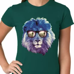 Bewild Lion Wearing Sunglasses Looking At A Zebra Ladies T-shirt