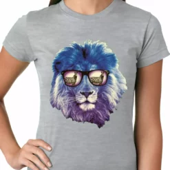 Bewild Lion Wearing Sunglasses Looking At A Zebra Ladies T-shirt