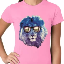 Bewild Lion Wearing Sunglasses Looking At A Zebra Ladies T-shirt