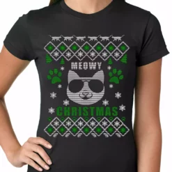 Bewild Meowy Christmas - “Cool Cat With Glasses” Ugly Christmas Ladies T-shirt