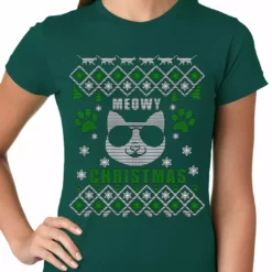 Bewild Meowy Christmas - “Cool Cat With Glasses” Ugly Christmas Ladies T-shirt
