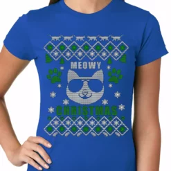 Bewild Meowy Christmas - “Cool Cat With Glasses” Ugly Christmas Ladies T-shirt