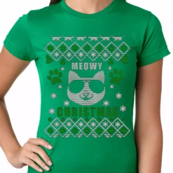 Bewild Meowy Christmas - “Cool Cat With Glasses” Ugly Christmas Ladies T-shirt