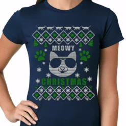 Bewild Meowy Christmas - “Cool Cat With Glasses” Ugly Christmas Ladies T-shirt