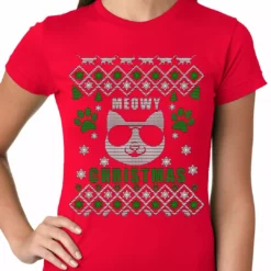 Bewild Meowy Christmas - “Cool Cat With Glasses” Ugly Christmas Ladies T-shirt