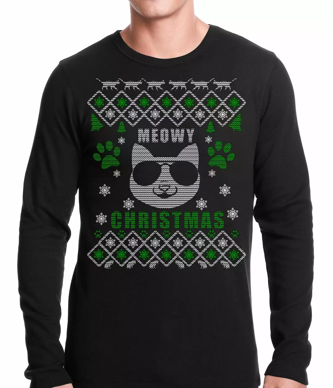 Bewild Holiday Prints Meowy Christmas - “Cool Cat With Glasses” Ugly Christmas Thermal Shirt 5 Bewild Holiday Prints Meowy Christmas - “Cool Cat With Glasses” Ugly Christmas Thermal Shirt
