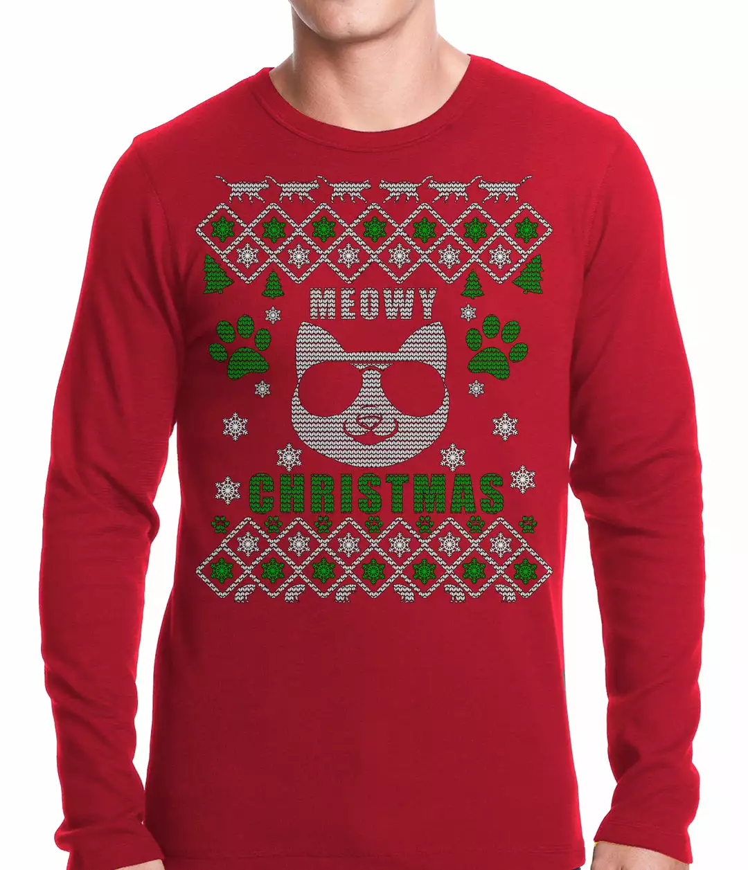 Bewild Holiday Prints Meowy Christmas - “Cool Cat With Glasses” Ugly Christmas Thermal Shirt 4 Bewild Holiday Prints Meowy Christmas - “Cool Cat With Glasses” Ugly Christmas Thermal Shirt
