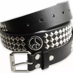 Bewild Peace Sign Pyramid Studded Leather Belt Belts