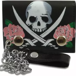 Bewild Pink Rose Jolly Roger Genuine Leather Chain Wallet