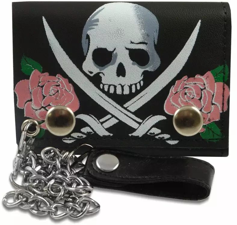 Bewild Pink Rose Jolly Roger Genuine Leather Chain Wallet 4 Bewild Pink Rose Jolly Roger Genuine Leather Chain Wallet