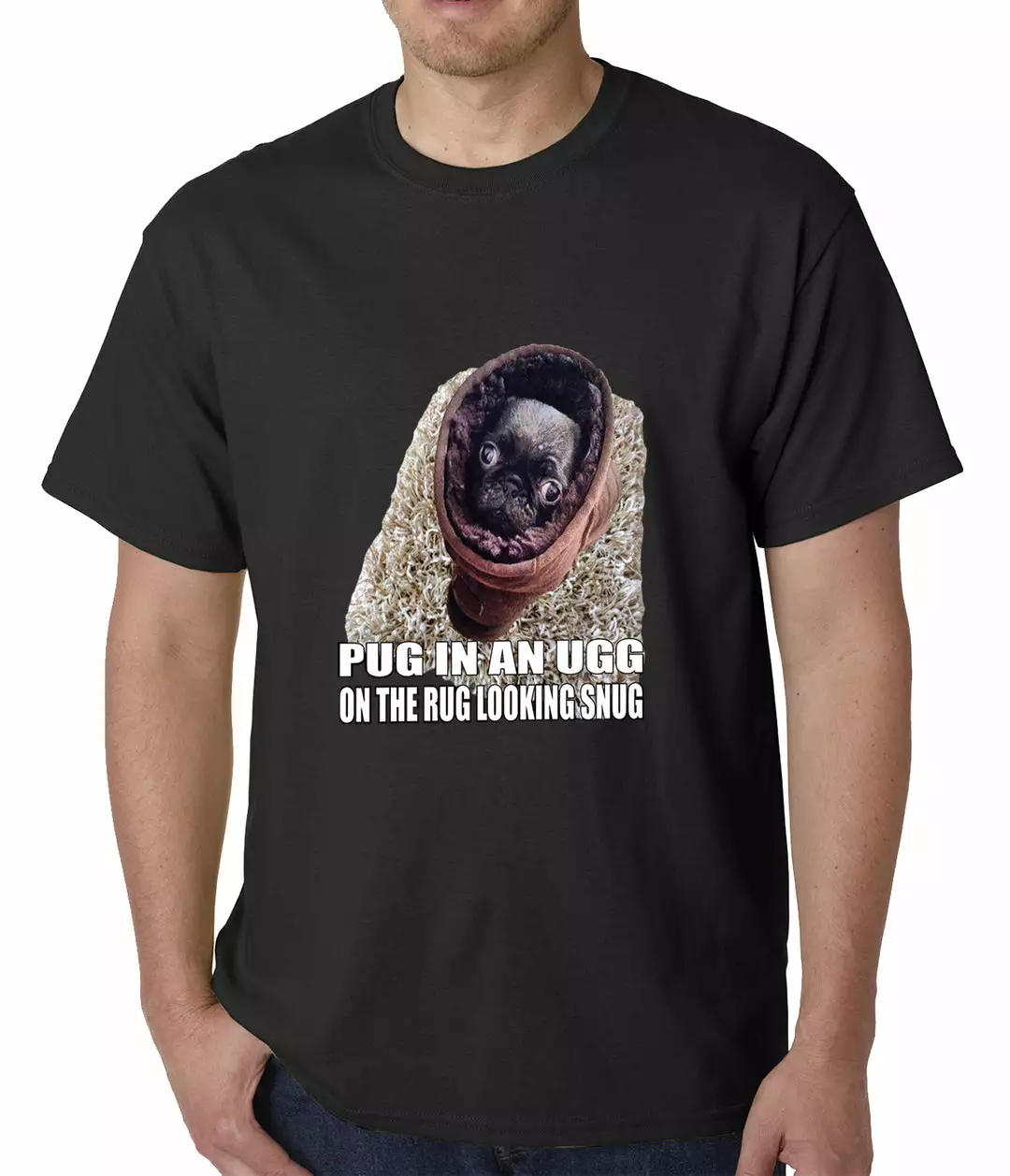 Bewild Pug In An Ugg On A Rug Looking Snug Mens T-shirt Cool Funny & Offensive 3 Bewild Pug In An Ugg On A Rug Looking Snug Mens T-shirt Cool Funny & Offensive