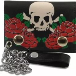 Bewild Red Rose Skull & Cross Bones Genuine Leather Chain Wallet
