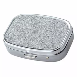 Bewild Pill Cases Silver Glitter Pattern With Mirror Iron Chrome Plated Rectangular 2 Compartment Pill Box