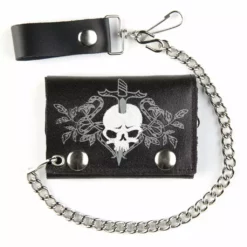 Bewild Wallets & Chains Skull And Sword Black Leather Tri-Fold Wallet With 12 Inch Chain