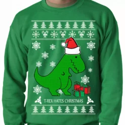 Bewild T-Rex Hates Christmas - Ugly Christmas Sweater Adult Crewneck Sweatshirt Holiday Prints