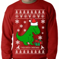 Bewild T-Rex Hates Christmas - Ugly Christmas Sweater Adult Crewneck Sweatshirt Holiday Prints