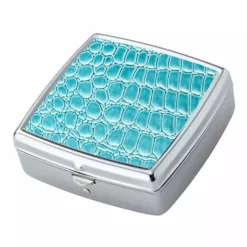 Bewild Pill Cases Teal Croc Pattern Iron Chrome Plated Square Shaped 2 Compartment Pill Box