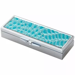 Bewild Teal Croc Pattern With Mirror Iron Chrome Plated Rectangular 3 Compartment Pill Box Pill Cases