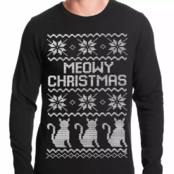 Bewild Ugly Christmas Thermal - Meowy Christmas (White Print) 3 Cats Ugly Christmas Thermal Shirt Holiday Prints