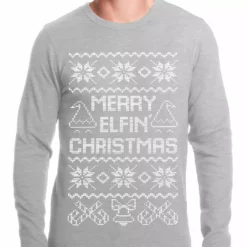 Bewild Holiday Prints Ugly Christmas Thermal - Merry Elfin Christmas Funny Ugly Christmas Thermal Shirt