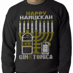 Bewild Ugly Hanukkah Sweater - Gin And Tonica Golden Menorah Ugly Hanukkah Adult Crewneck